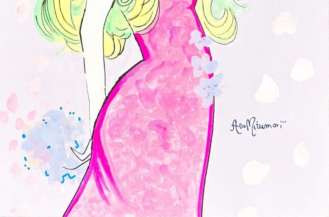 【F4号】手描き油彩　水森亜土　サイン　額縁　未使用額　人気作品　絵画　女性