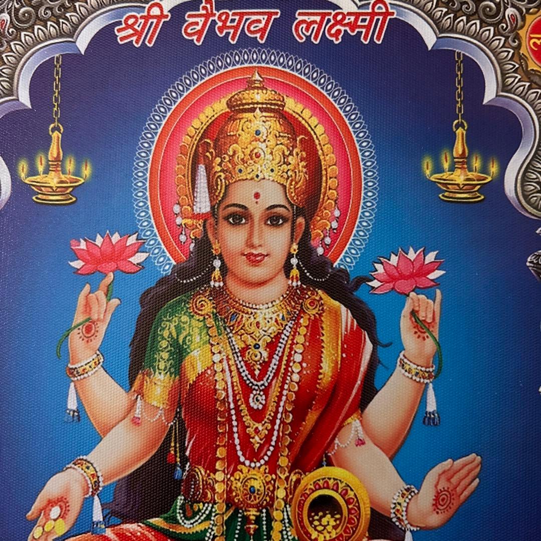 希少、ヒンドゥー教、インドの女神、キャンバスアート、裏面フック付き、ラクシュミー