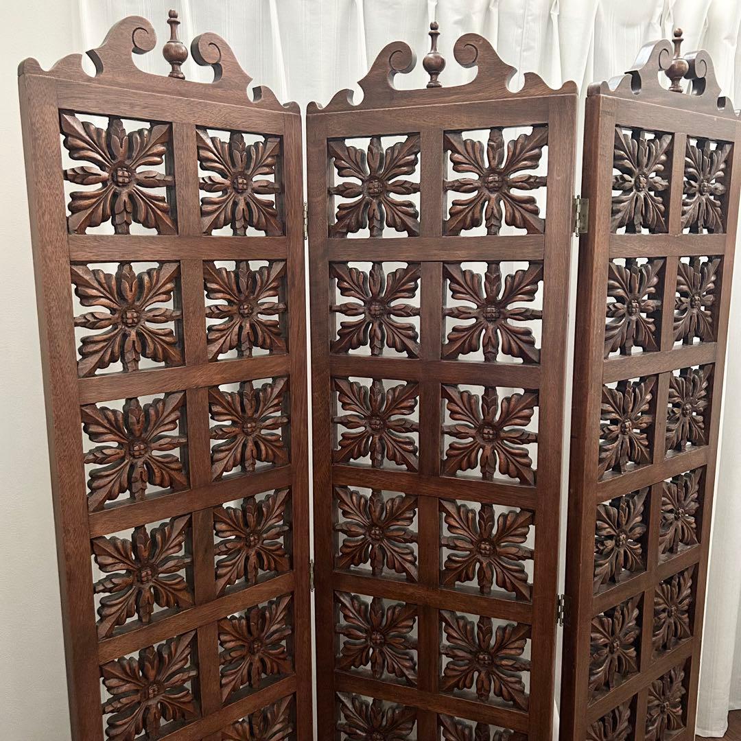 アジアン　バリ風　アンティーク 衝立 透かし彫り木製　彫刻　３連　パーテーション