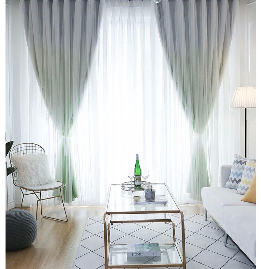2枚入り カーテン 両開き セット グラデーションレース付ふわふわ一体型カーテン