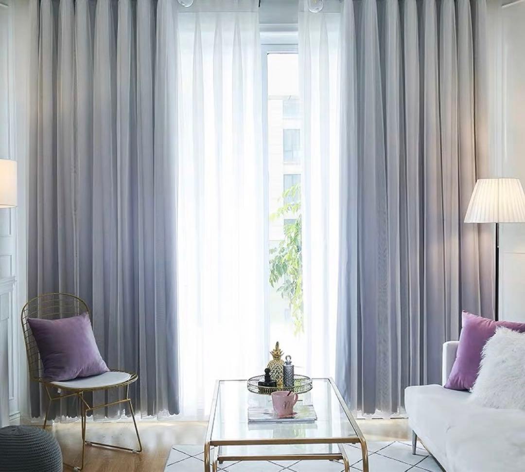 2枚入り カーテン 両開き セット グラデーションレース付ふわふわ一体型カーテン