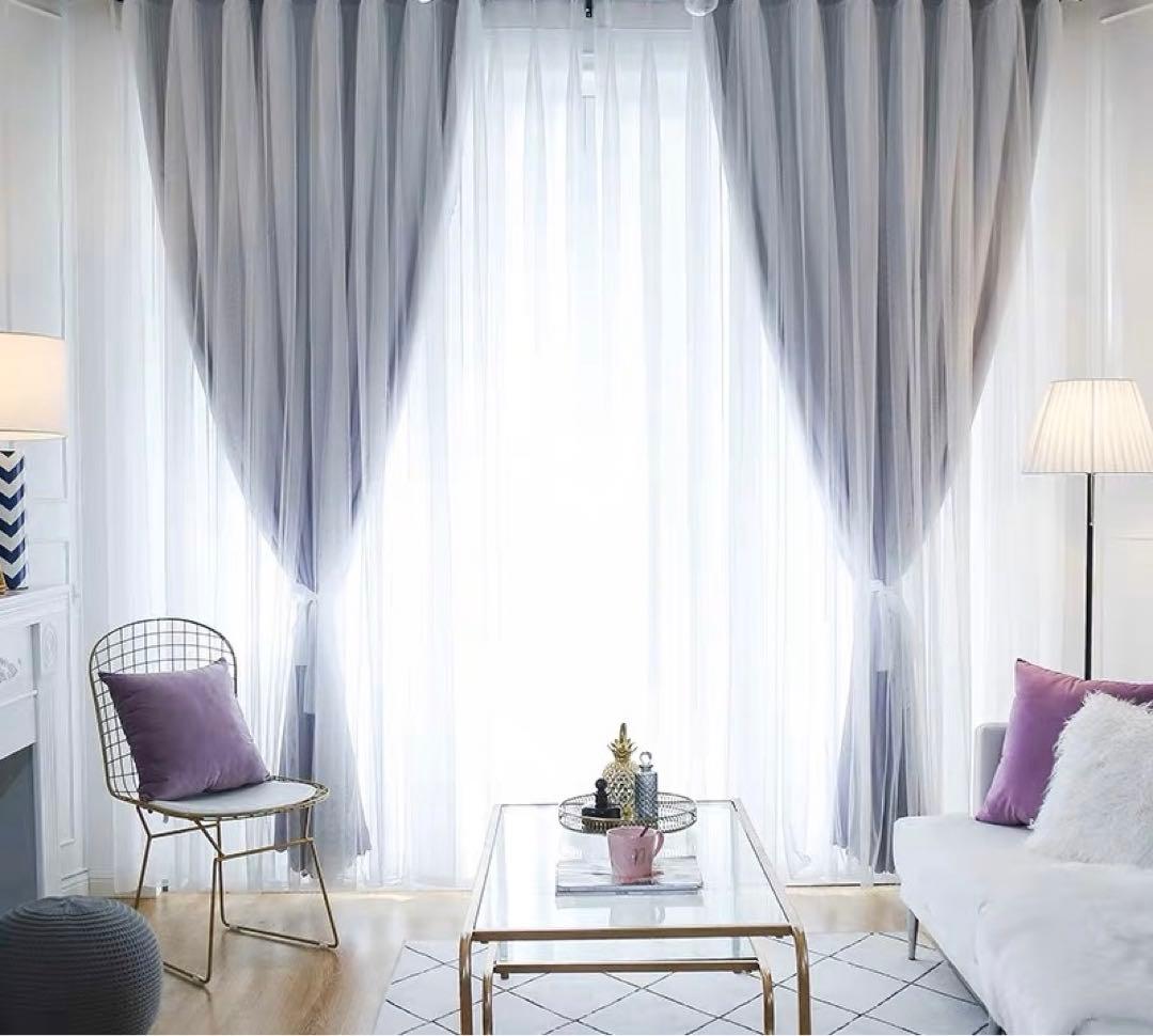 2枚入り カーテン 両開き セット グラデーションレース付ふわふわ一体型カーテン