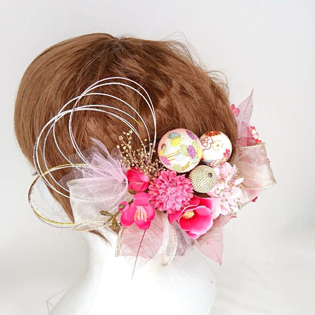 ピンクの椿と和柄リボンとちりめん和玉の髪飾り 成人式 卒業式 和装 七五三 袴