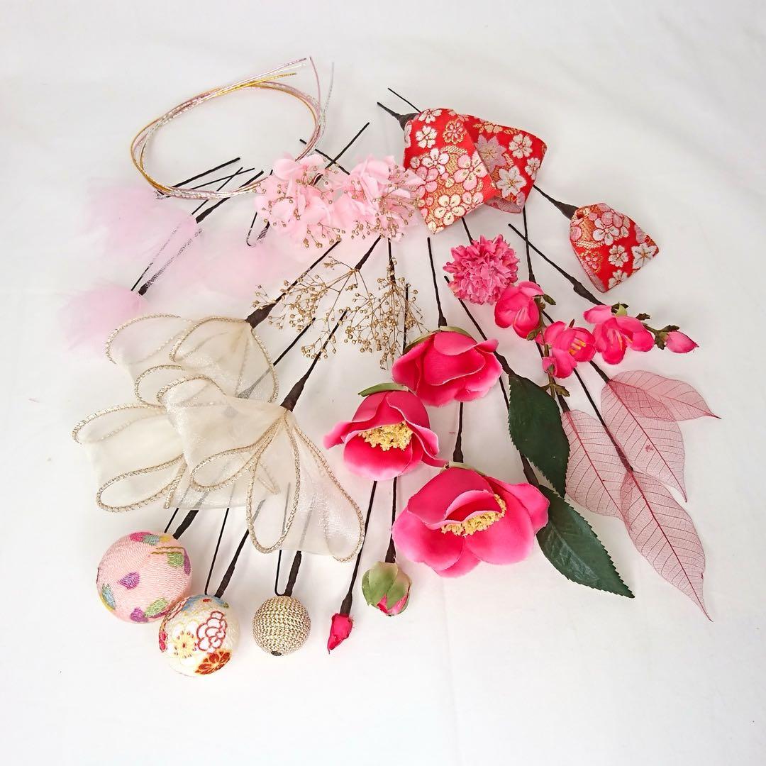 ピンクの椿と和柄リボンとちりめん和玉の髪飾り 成人式 卒業式 和装 七五三 袴