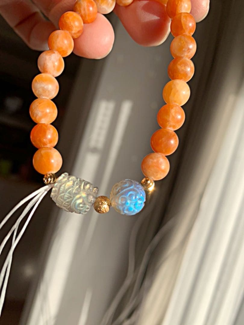 ラブラドライト回紋珠　フクロウ　オレンジカルサイト　ブレスレット
