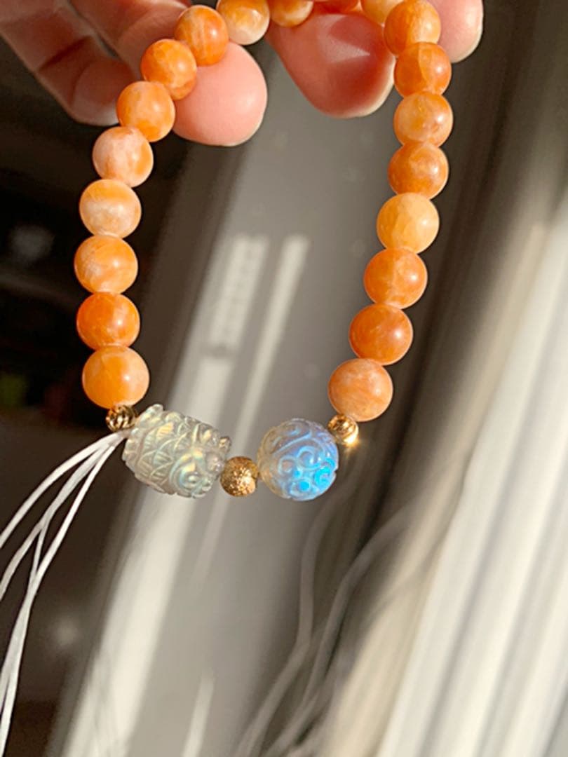 ラブラドライト回紋珠　フクロウ　オレンジカルサイト　ブレスレット