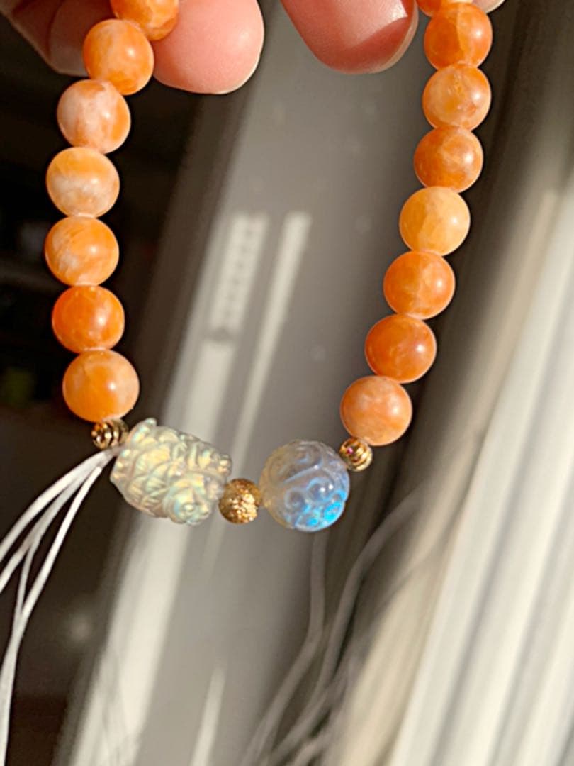 ラブラドライト回紋珠　フクロウ　オレンジカルサイト　ブレスレット
