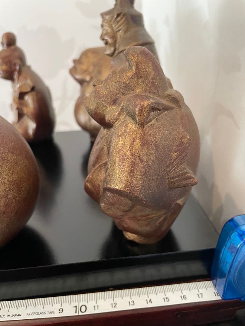 美品　鉄製 高級　七福神 置物 ゴールド　黒台座付き　黒色漆塗り板2枚付き