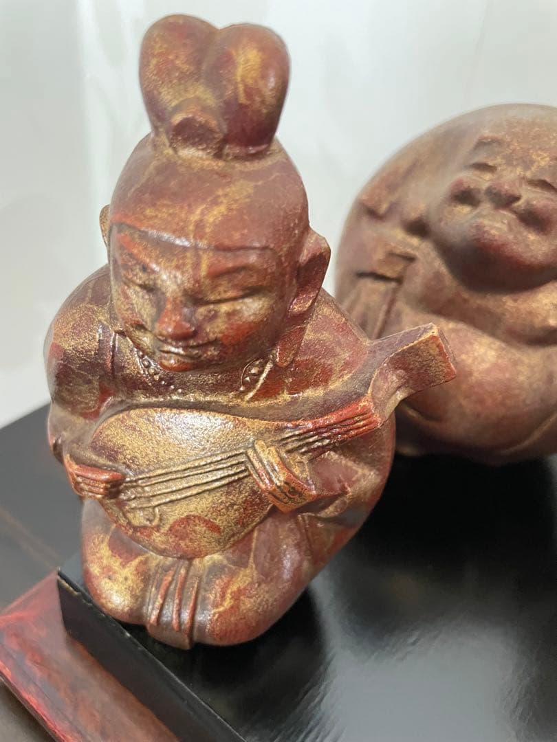 美品　鉄製 高級　七福神 置物 ゴールド　黒台座付き　黒色漆塗り板2枚付き