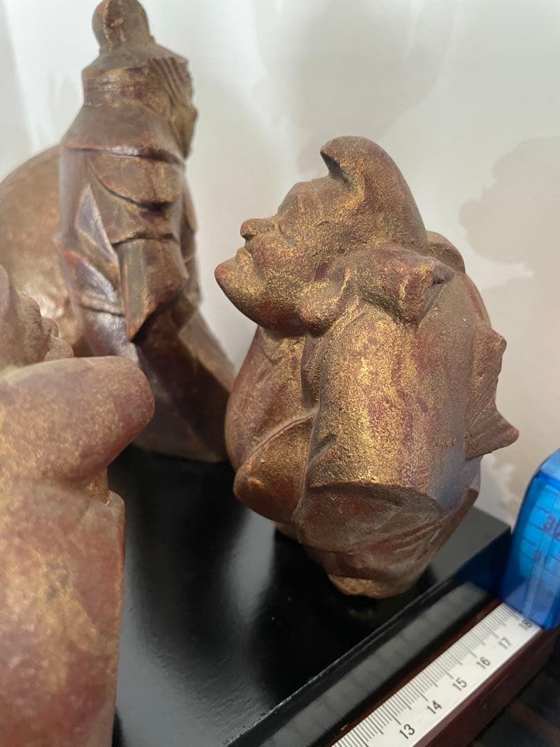 美品　鉄製 高級　七福神 置物 ゴールド　黒台座付き　黒色漆塗り板2枚付き