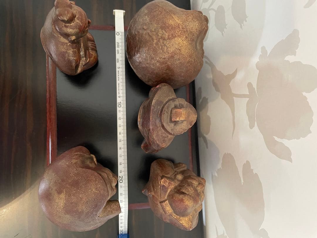 美品　鉄製 高級　七福神 置物 ゴールド　黒台座付き　黒色漆塗り板2枚付き