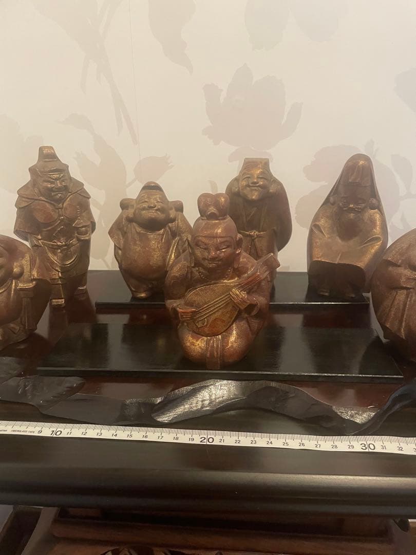 美品　鉄製 高級　七福神 置物 ゴールド　黒台座付き　黒色漆塗り板2枚付き