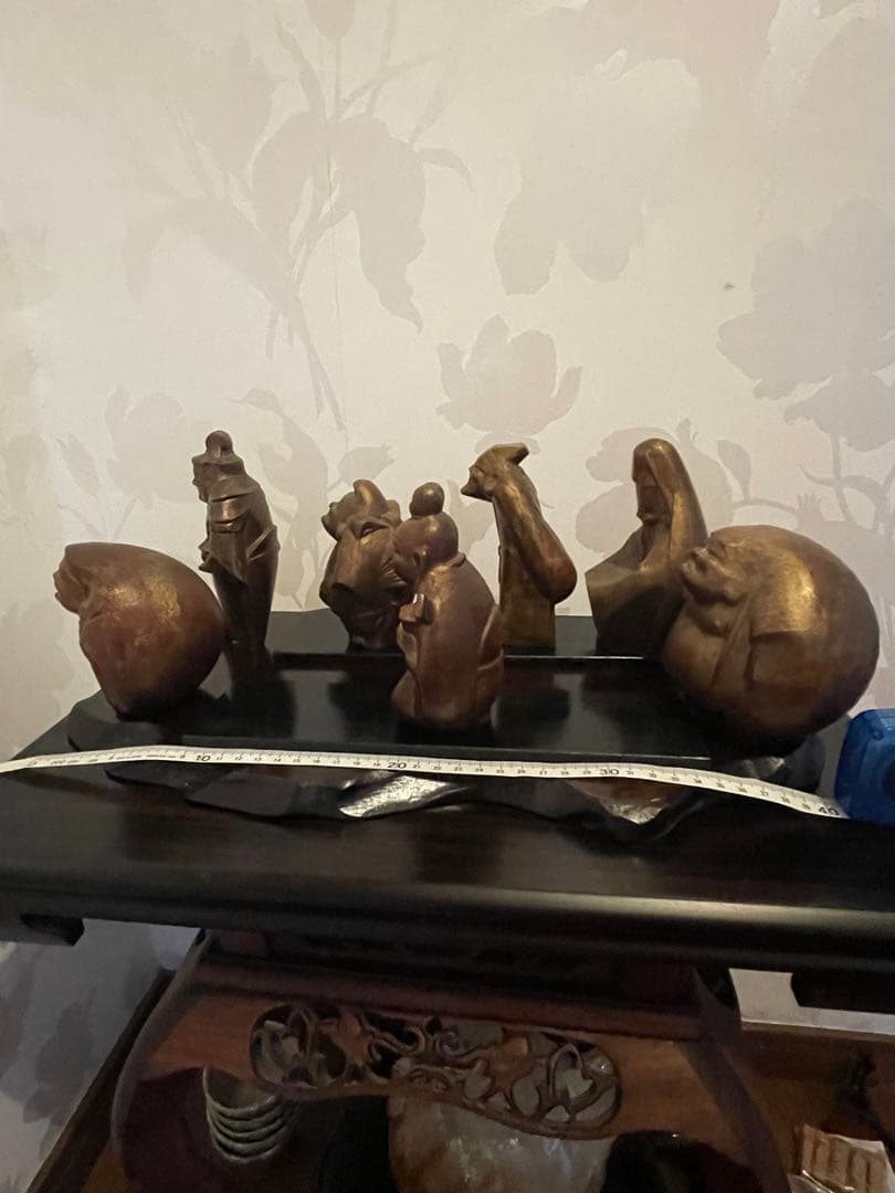 美品　鉄製 高級　七福神 置物 ゴールド　黒台座付き　黒色漆塗り板2枚付き