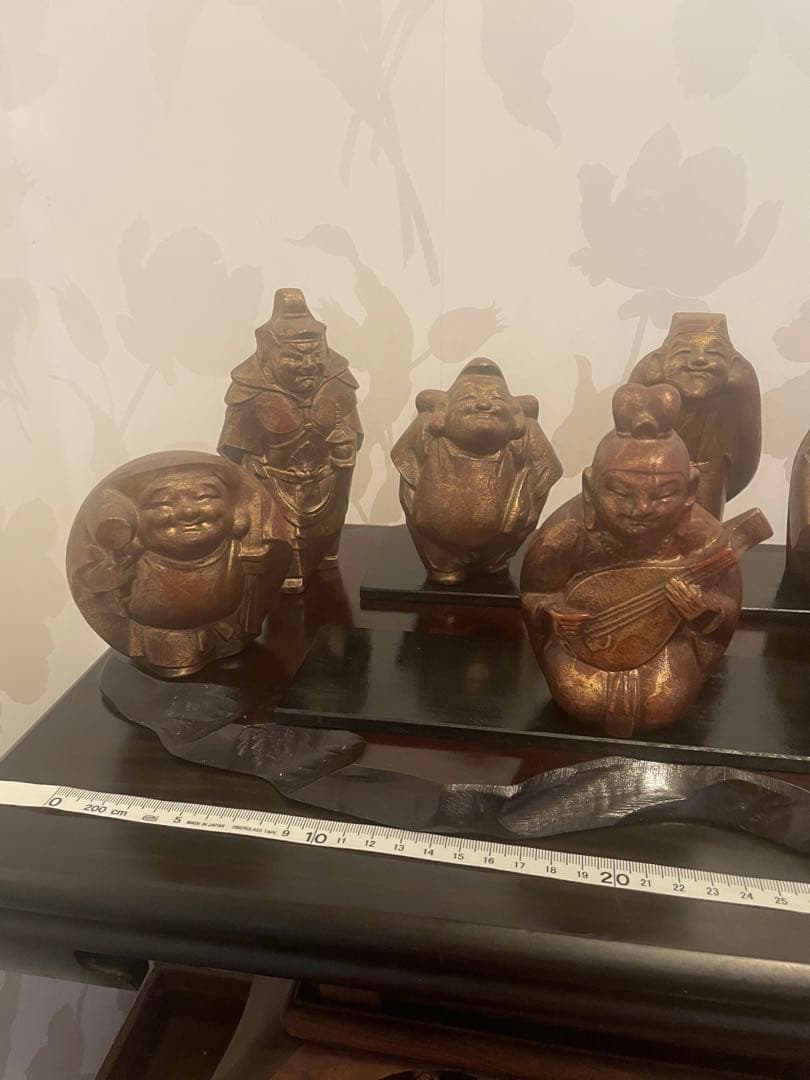 美品　鉄製 高級　七福神 置物 ゴールド　黒台座付き　黒色漆塗り板2枚付き