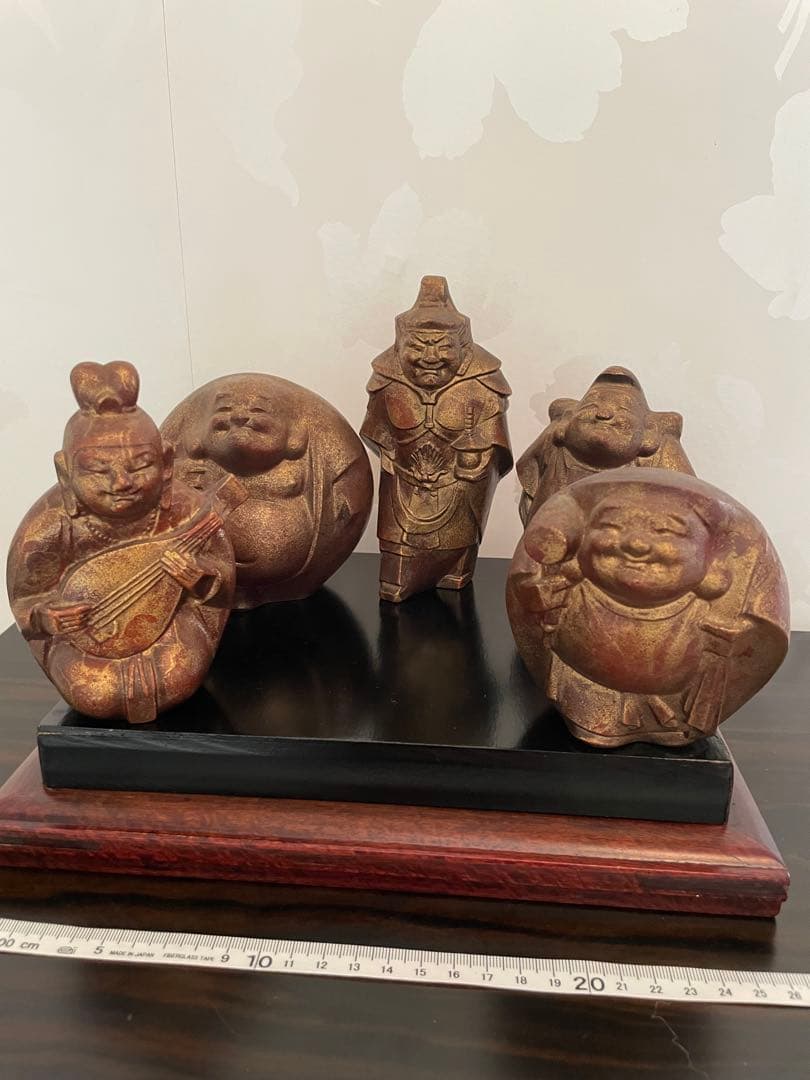 美品　鉄製 高級　七福神 置物 ゴールド　黒台座付き　黒色漆塗り板2枚付き