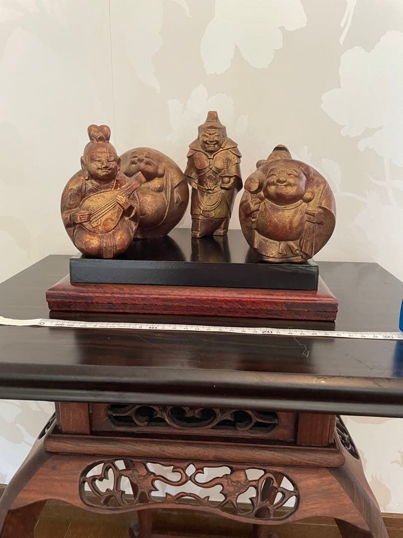 美品　鉄製 高級　七福神 置物 ゴールド　黒台座付き　黒色漆塗り板2枚付き