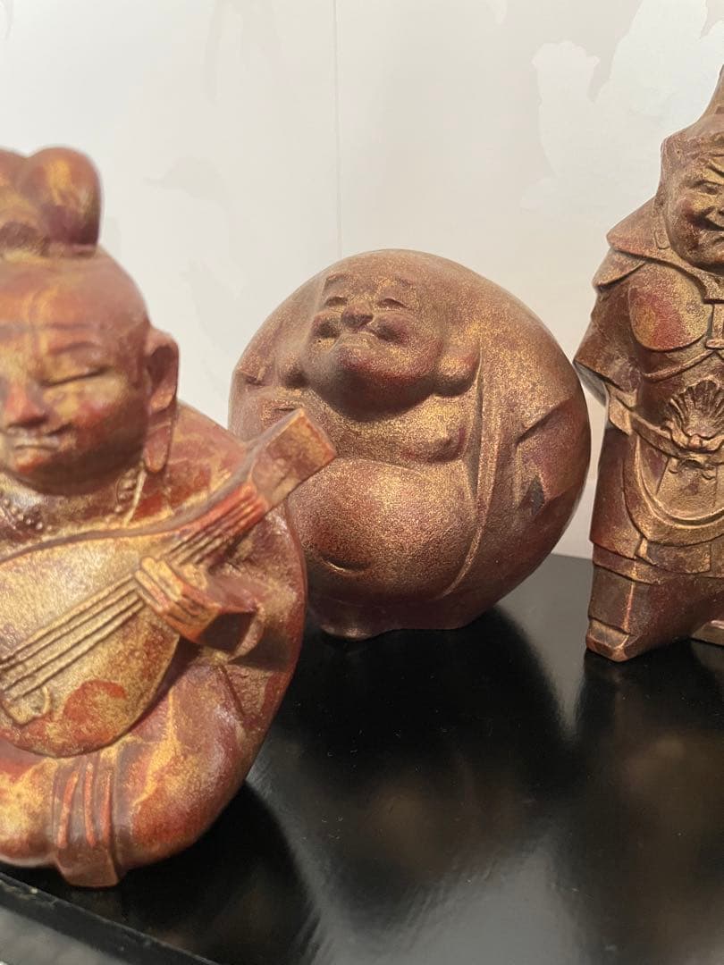 美品　鉄製 高級　七福神 置物 ゴールド　黒台座付き　黒色漆塗り板2枚付き