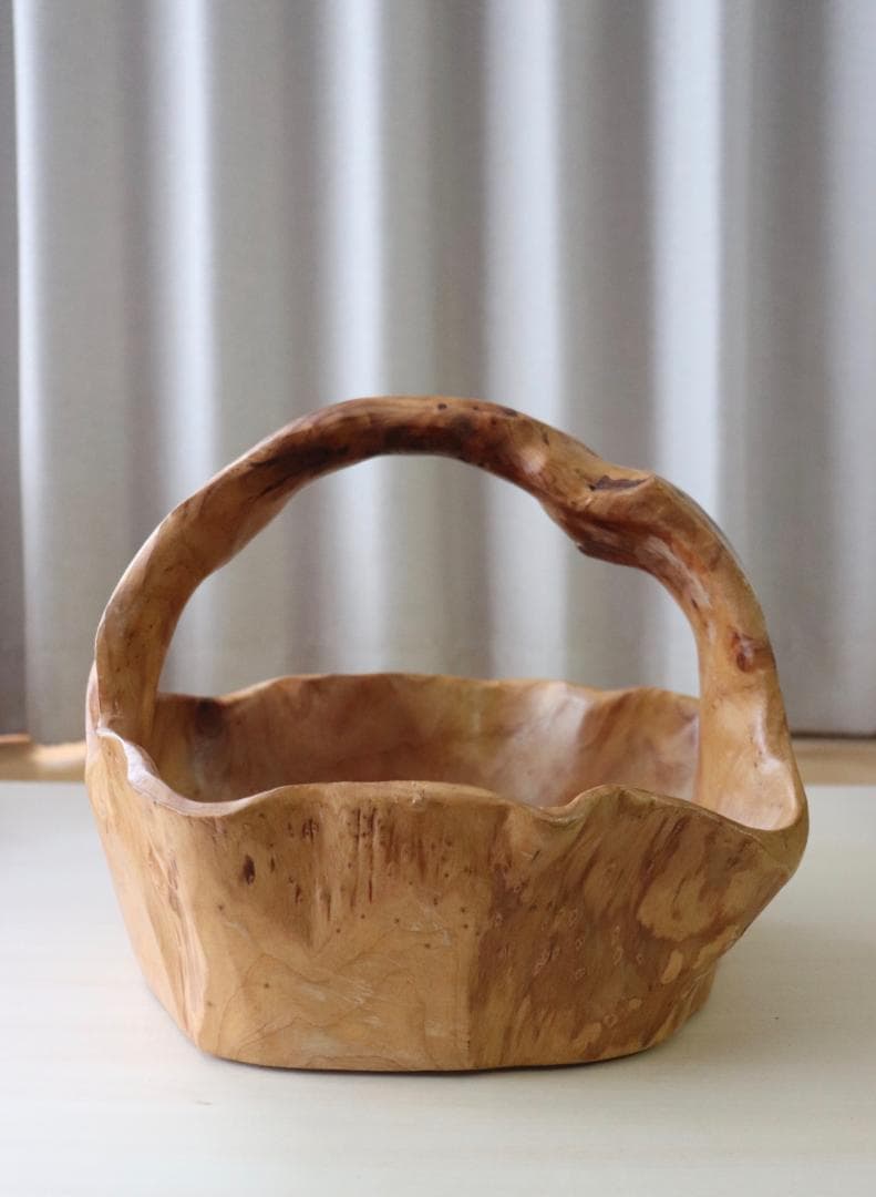 天然木　無垢材　くり抜き　手籠　花かご　果物かご