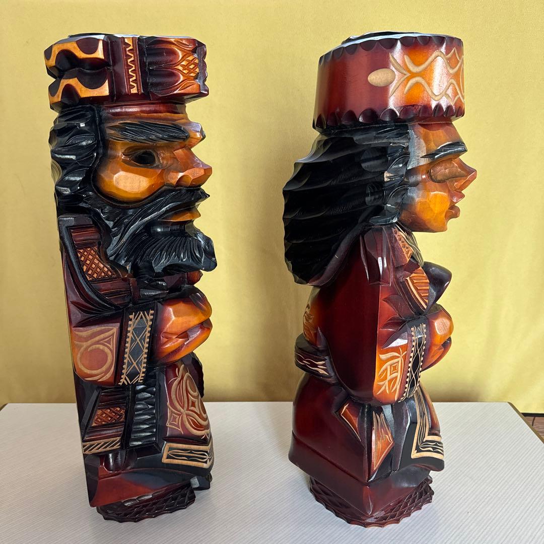 昭和レトロ　民芸品アイヌ木彫り　48cm大型ニポポ人形(夫婦) 台付