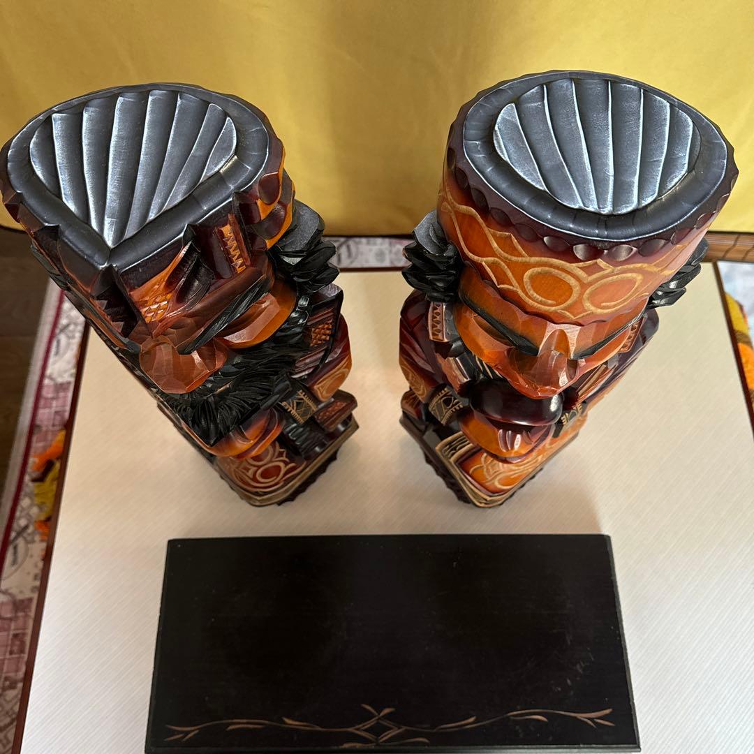 昭和レトロ　民芸品アイヌ木彫り　48cm大型ニポポ人形(夫婦) 台付