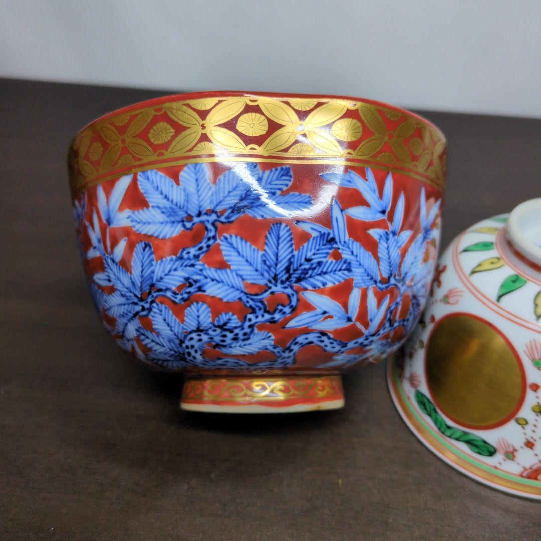 高野昭阿弥 造 赤地 金彩染付 松竹梅鶴文 茶碗＆金彩色絵 瓔珞文 小鉢 セット