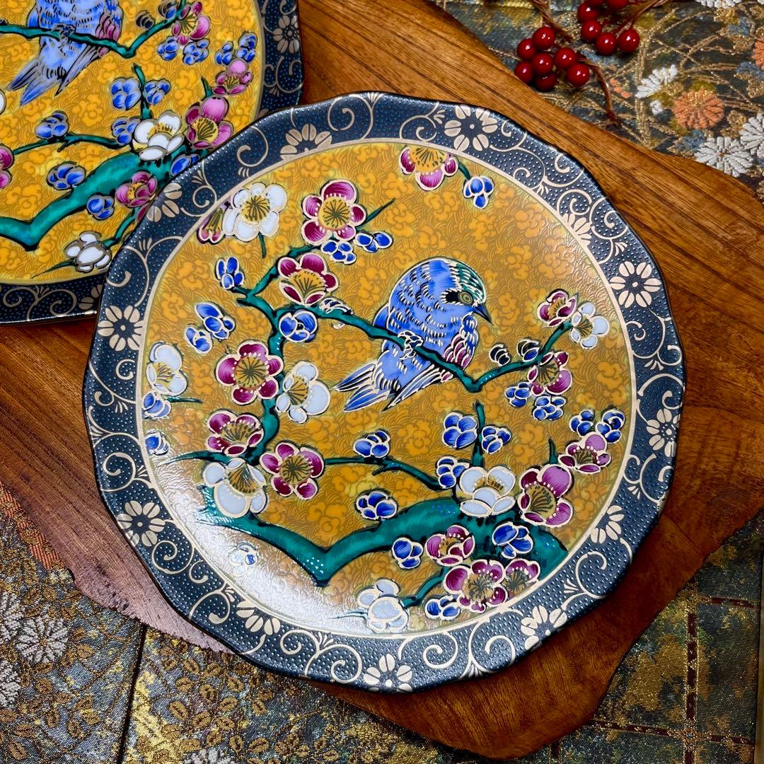 九谷正峰 青粒 金彩花鳥紋 6号 中皿 ペア 銘々皿 吉田屋 古九谷 古伊万里