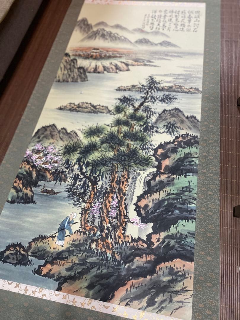 【大型188cm】山水画 掛け軸 共箱あり 水墨画 日本画 風景画♪