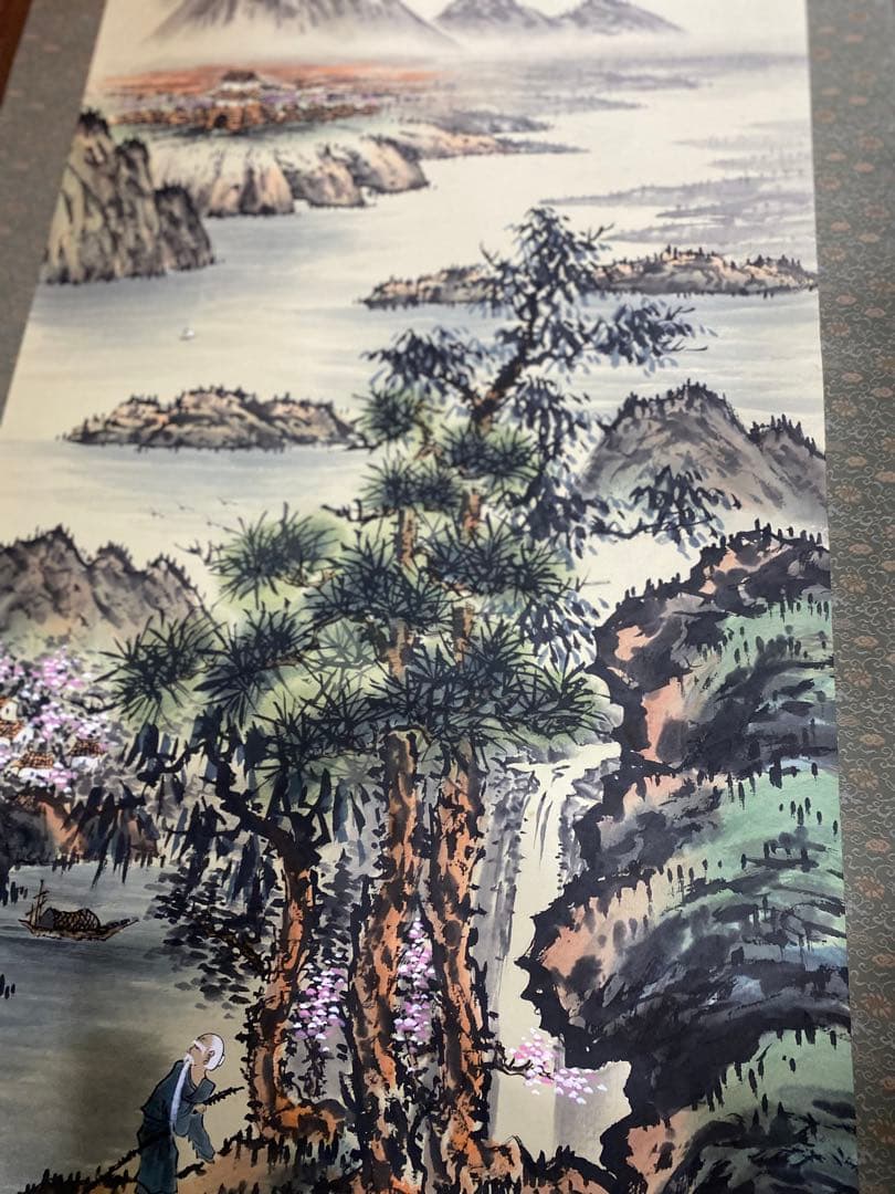 【大型188cm】山水画 掛け軸 共箱あり 水墨画 日本画 風景画♪