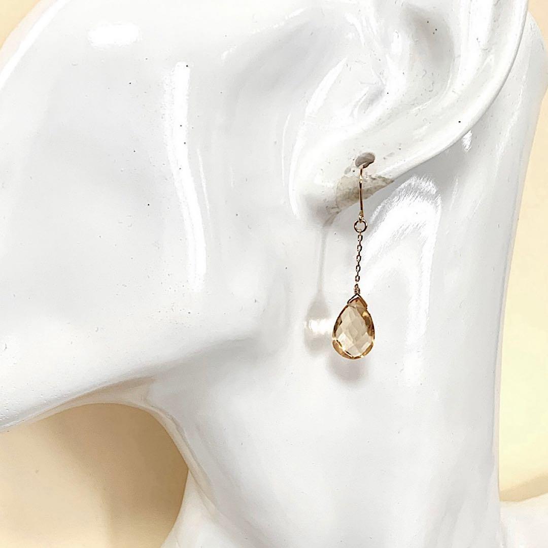 【Rtav】特価 K18 AAA シトリン ドロップ チェーンフックピアス