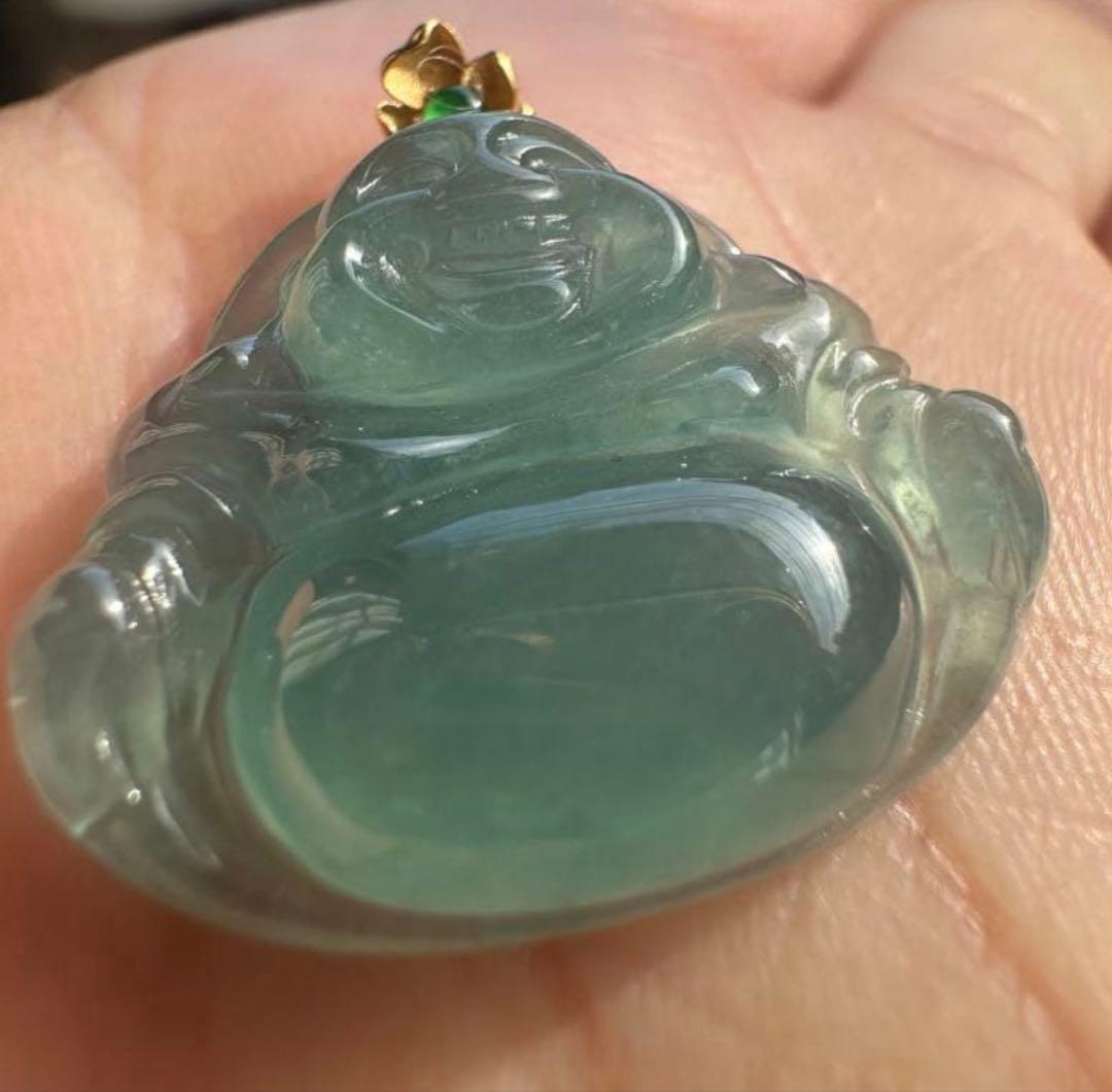 18K金製バチカン.ミャンマー産天然氷種A貨青绿色本翡翠 仏像ペンダントトップ