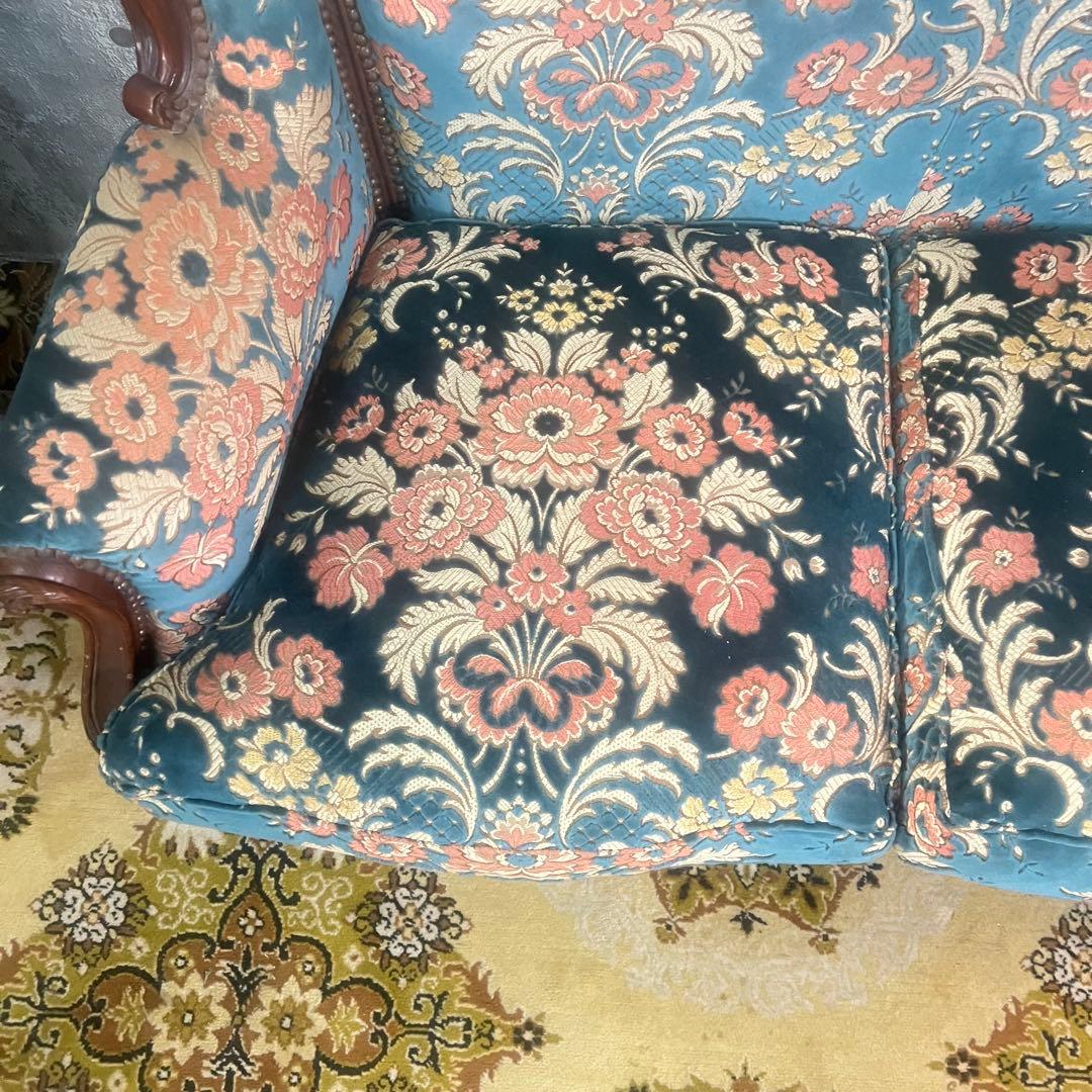 ꧁金華山織り꧂3人掛けソファ 猫脚 花柄 フラワー ファブリック アンティーク