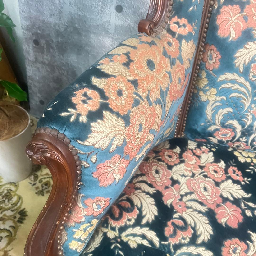 ꧁金華山織り꧂3人掛けソファ 猫脚 花柄 フラワー ファブリック アンティーク