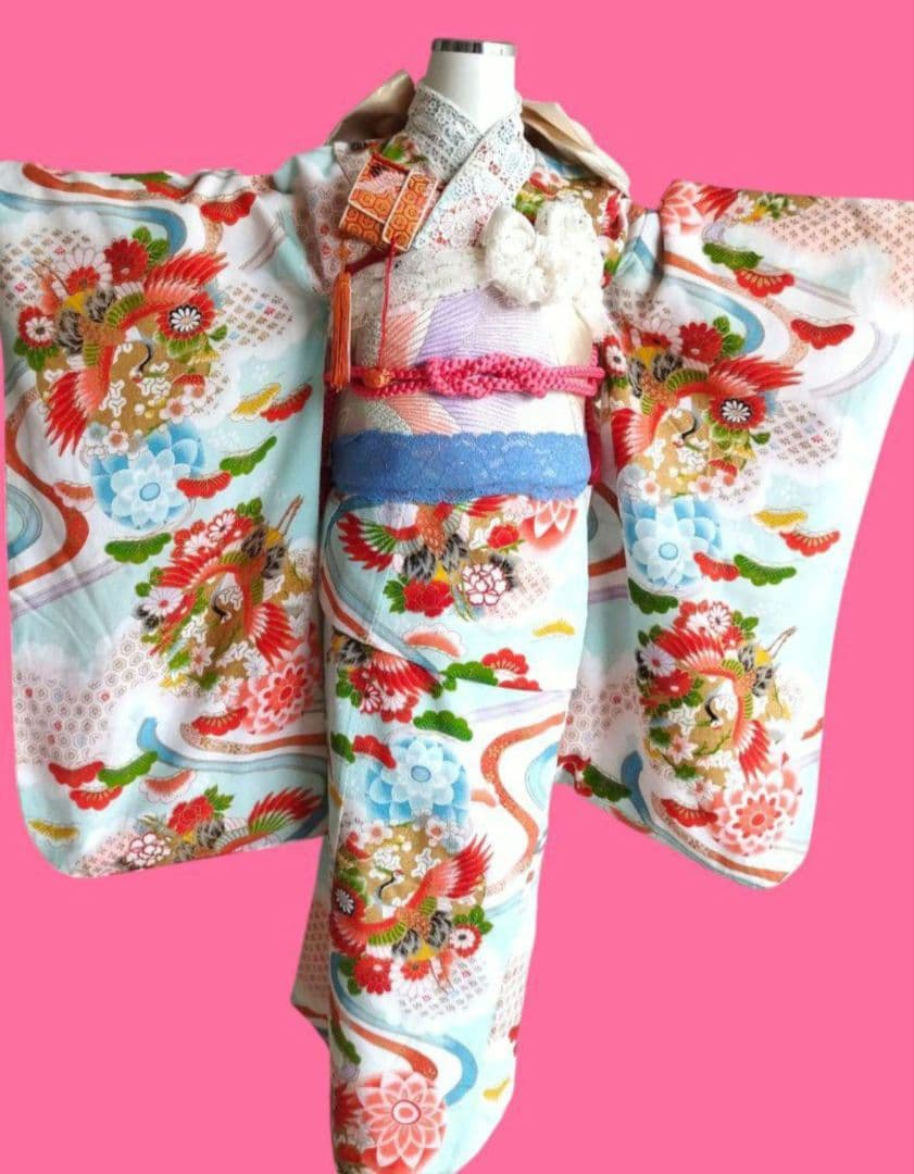 専用です☆アンティーク白、ブルーの着物と作り帯セット