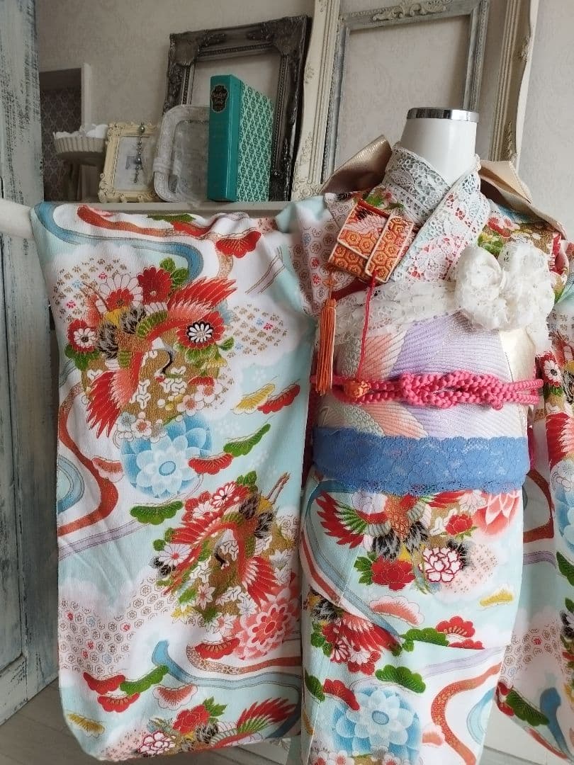 専用です☆アンティーク白、ブルーの着物と作り帯セット