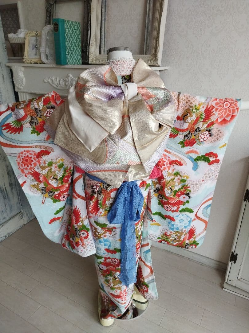 専用です☆アンティーク白、ブルーの着物と作り帯セット