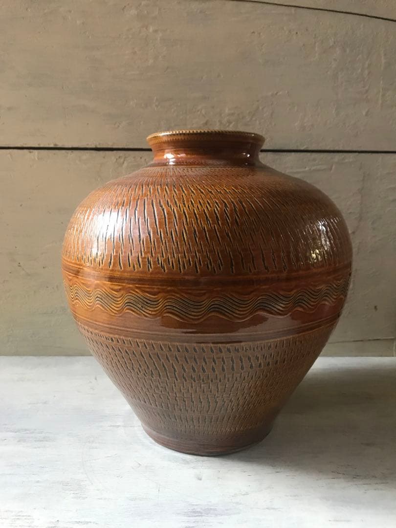小鹿田焼　壺　花瓶　打ち掛け　飛びかんな