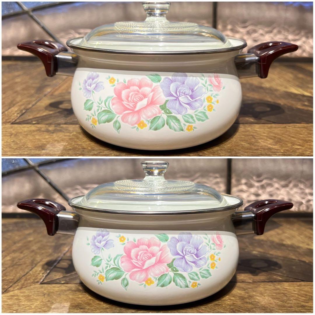 未使用 ケトル ホーロー鍋 セット 昭和レトロ レトロポップ インテリア 花柄