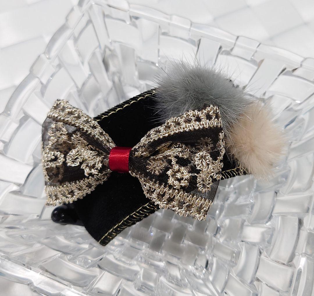 大人可愛いリボン半月アーチバナナクリップ☆レース刺繍リボン×ミンクファー