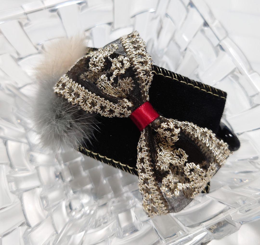 大人可愛いリボン半月アーチバナナクリップ☆レース刺繍リボン×ミンクファー