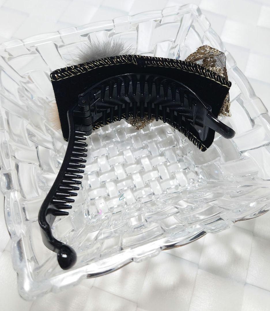 大人可愛いリボン半月アーチバナナクリップ☆レース刺繍リボン×ミンクファー