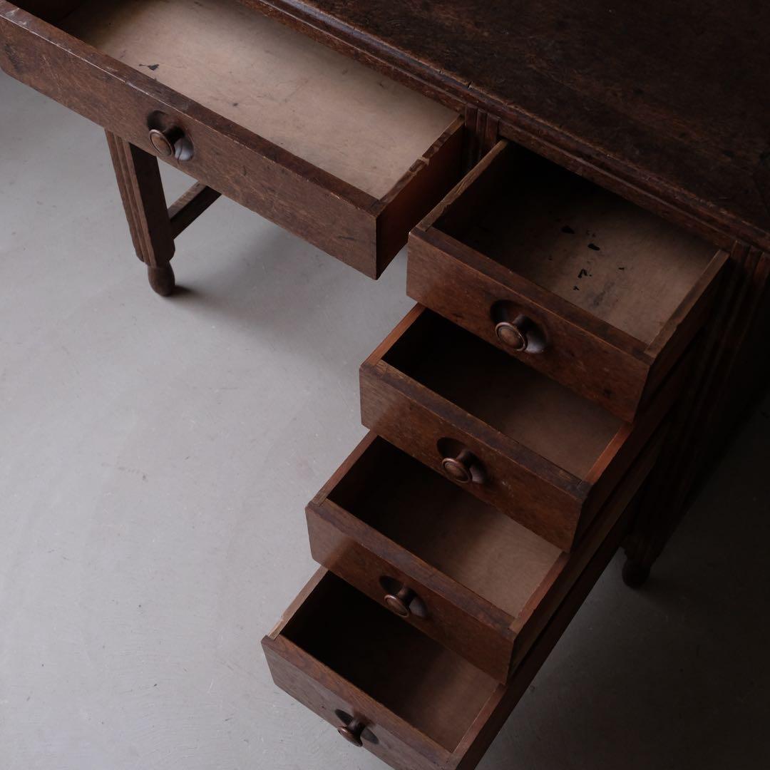 楢材 ５杯抽斗 片袖机　デスク テーブル 引き出し 古家具 アンティーク レトロ