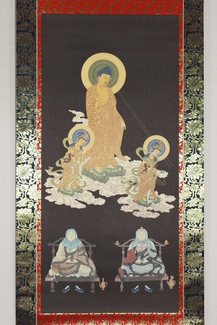 No5650 掛軸　印刷工芸　天台宗三尊佛　紙本　合箱　仏教美術　仏画　送料無料