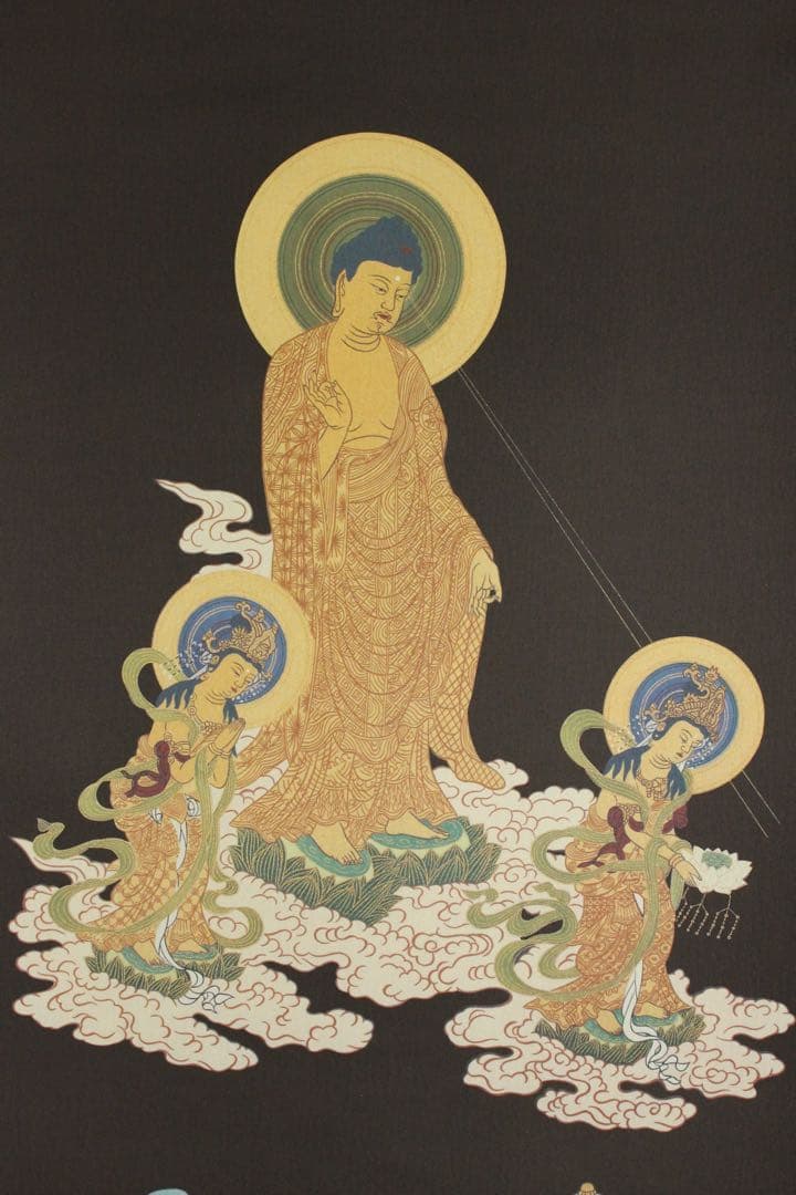 No5650 掛軸　印刷工芸　天台宗三尊佛　紙本　合箱　仏教美術　仏画　送料無料