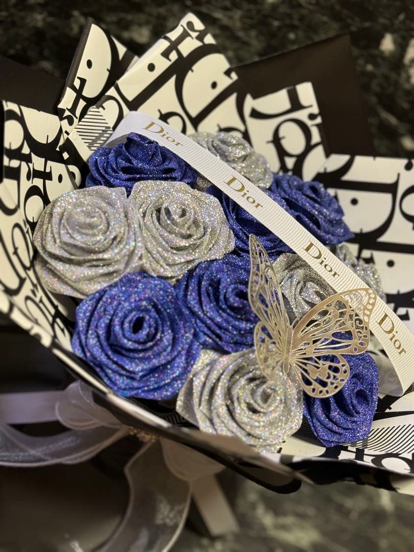 シルバー・ブルー グリッターローズブーケ