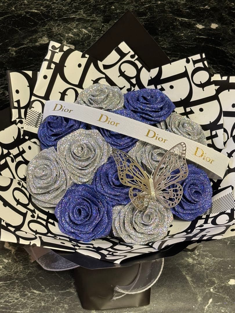 シルバー・ブルー グリッターローズブーケ