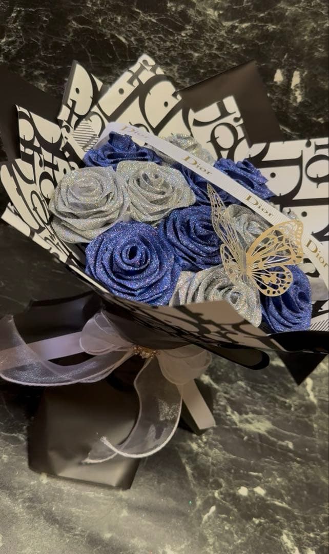 シルバー・ブルー グリッターローズブーケ