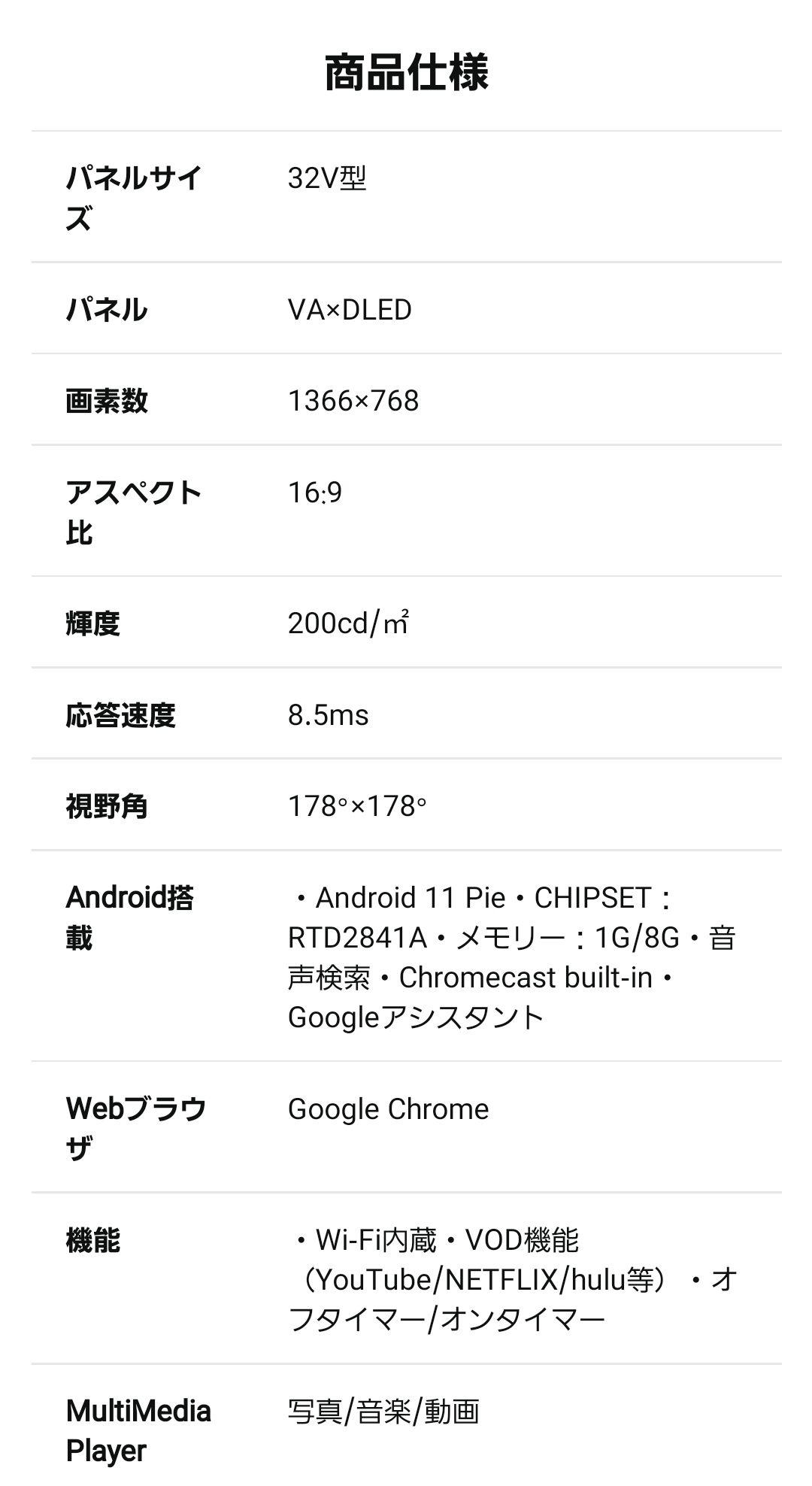保証付き AndroidTV チューナーレスTV 32V型