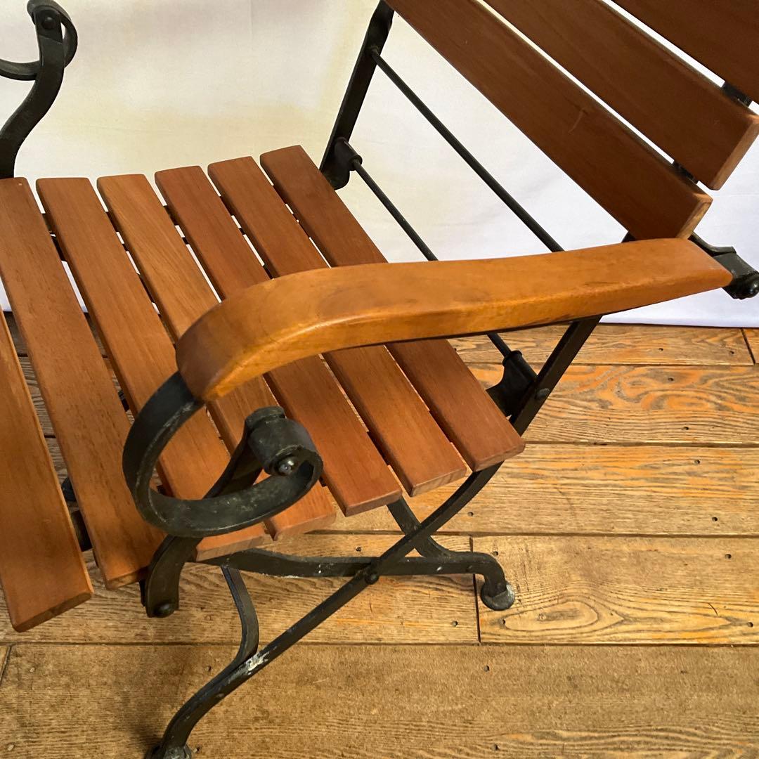 チーク無垢材/アイアン/フランス/ヴィンテージ/フォールディングチェア/肘掛け付