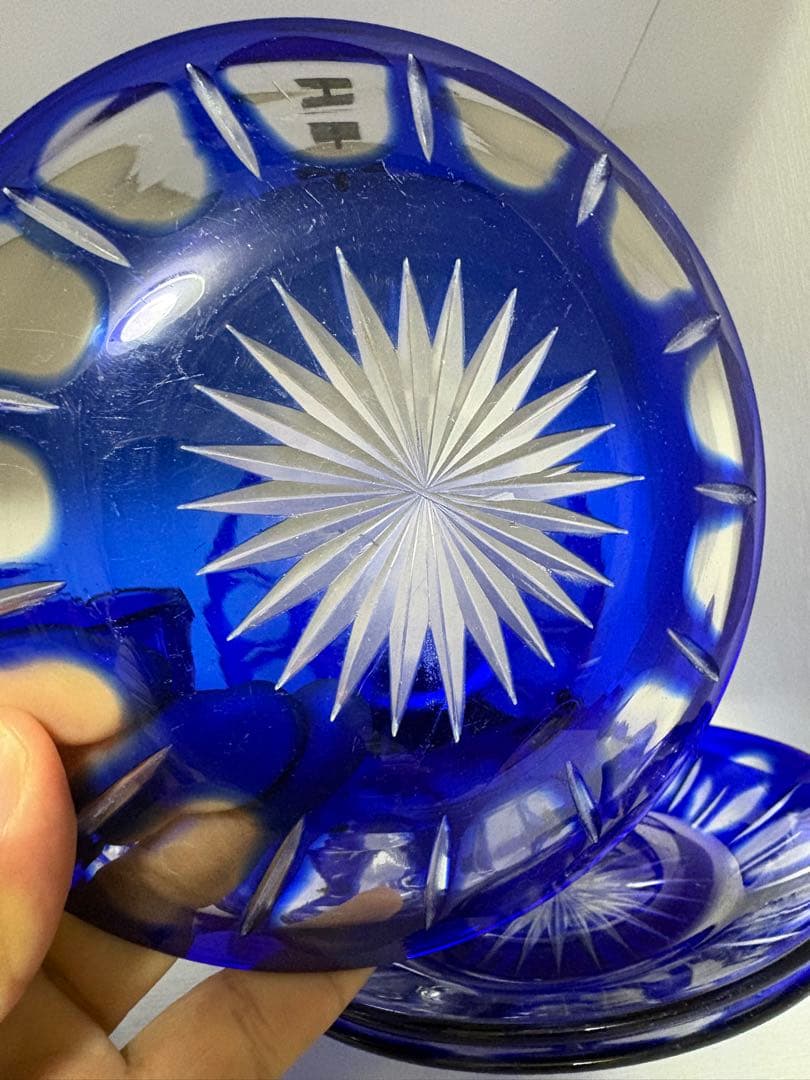 昭和レトロ 切子ガラス 青被せ サラダボウル 小皿4枚