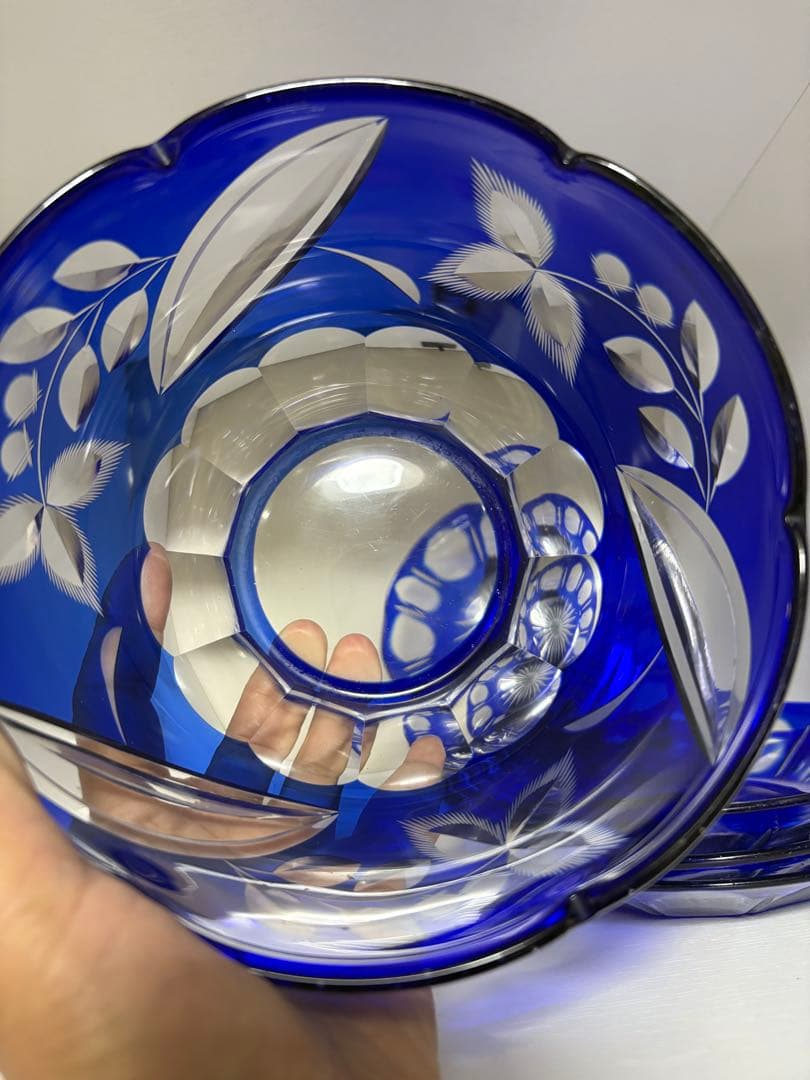 昭和レトロ 切子ガラス 青被せ サラダボウル 小皿4枚